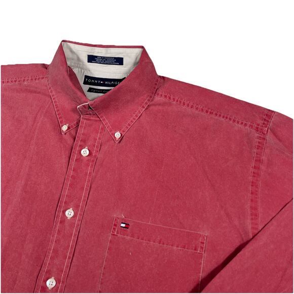 Y2K VTG Tommy Hilfiger Shirt Men Size L Cranberry Red Pigment Dyed Button Down - Picture 1 of 10